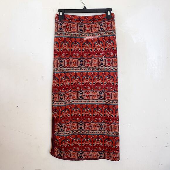 Peruvian Connection Skirt Maxi Womens XS Pima Cotton Red Geometric Aztec FLAW - Picture 1 of 8
